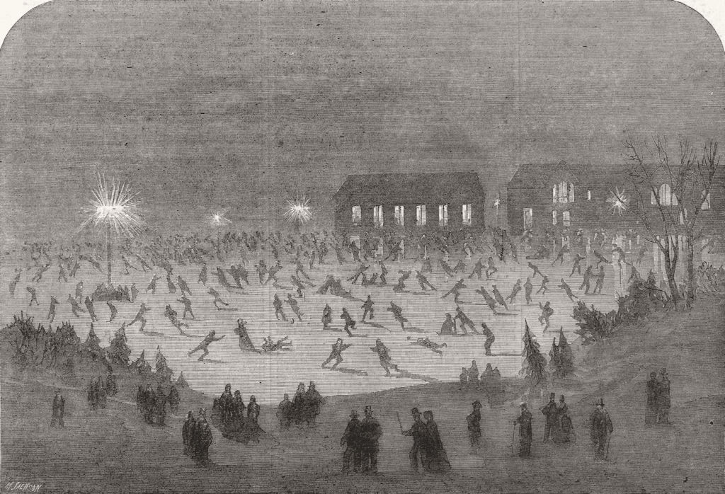 NEW YORK. Skating by Night in the Central Park 1865 old antique print picture