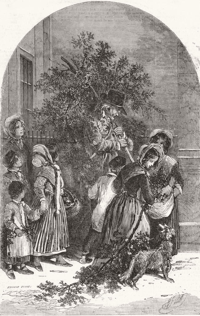 CHRISTMAS. The Mistletoe' seller, antique print, 1854