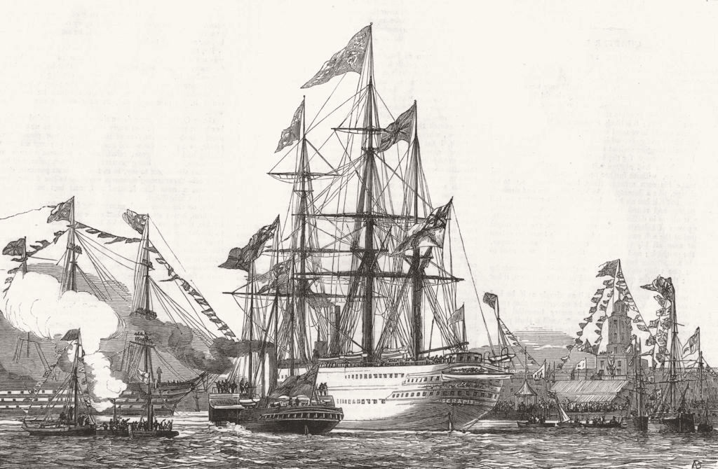 PORTSMOUTH / SHIPS. The "Duke Of Wellington" saluting 1876 old antique print