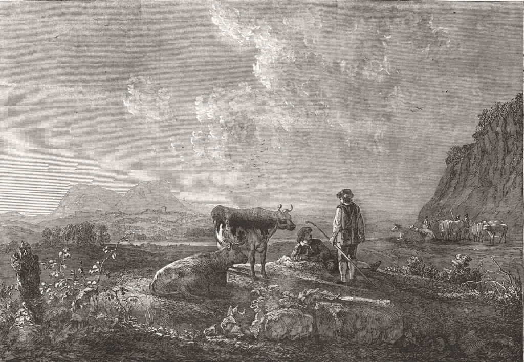Associate Product COWS. Cowherds and Cattle, in evening, antique print, 1852