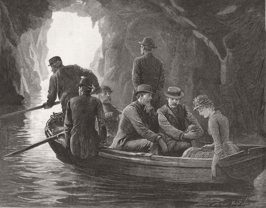 BOAT. Exit caves made water slow moving oars impel boat daylight 1885 print
