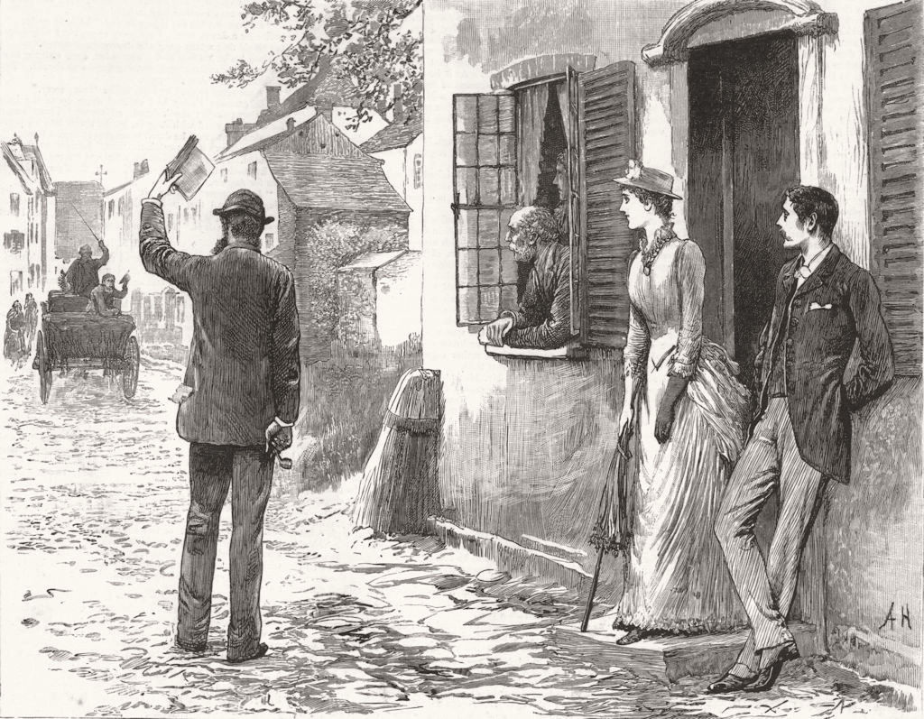 Associate Product SOCIETY. O' Rourke waved hat party gathered door glance Angela, old print, 1885