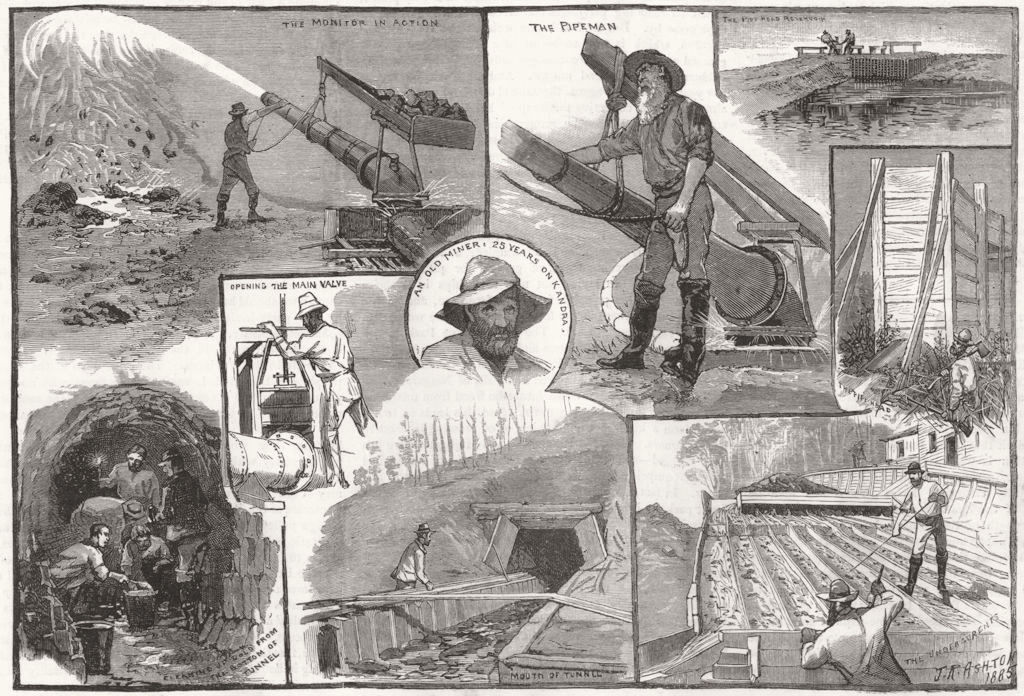 Associate Product AUSTRALIA. Hydraulic gold-mining in the Australian alps, antique print, 1885