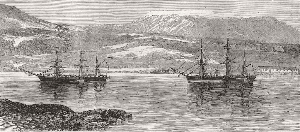 GREENLAND. The Alert and Discovery in the harbour of Godhavn, Disco 1875 print