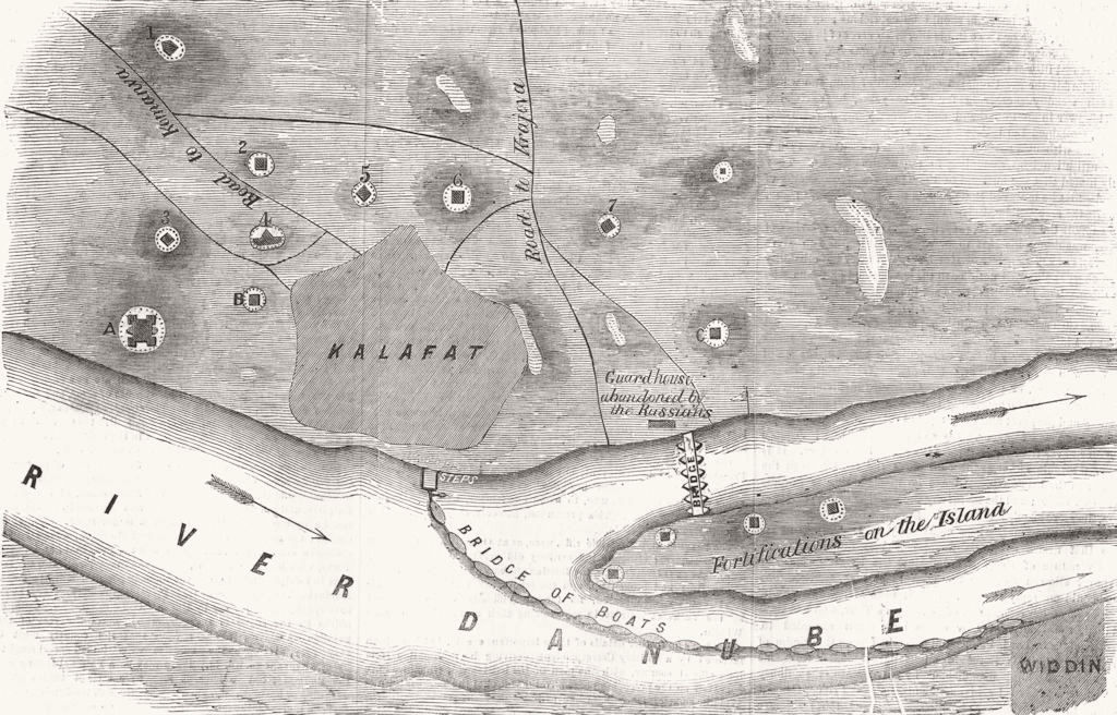 Associate Product ROMANIA. Plan battle of Calafat & retreat Russians to Krajova, old print, 1854