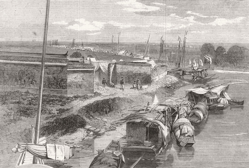 NINGBO. bridge 2 miles, city British, French Imperial encampments, print, 1862