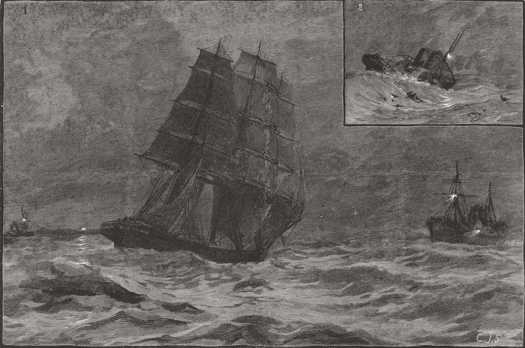 DUNGENESS. Crash light Nereid Killochan; steam tug Red Rose survivors, 1889
