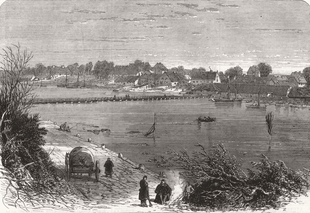 Associate Product DENMARK. The War in Denmark. Village of Eckernsunde and bridge of boats, 1864