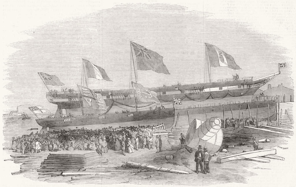 Associate Product ITALY. Launch of the Victor Emmanuel and the Fidget, at Greenwich, print, 1856