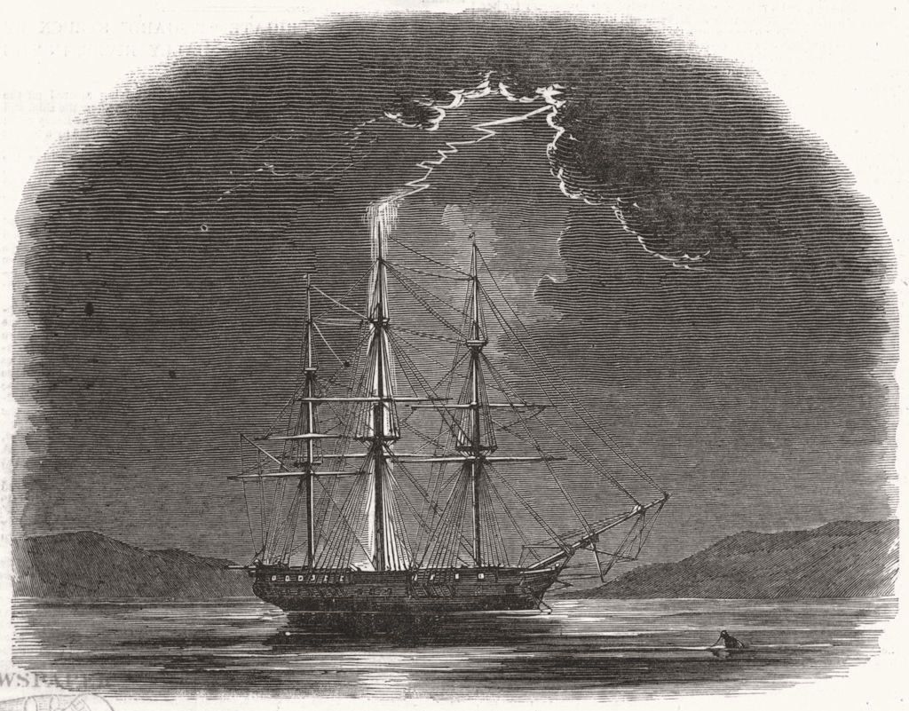 Associate Product SHIPS. H M Frigate Fisgard struck by Lightning, antique print, 1847