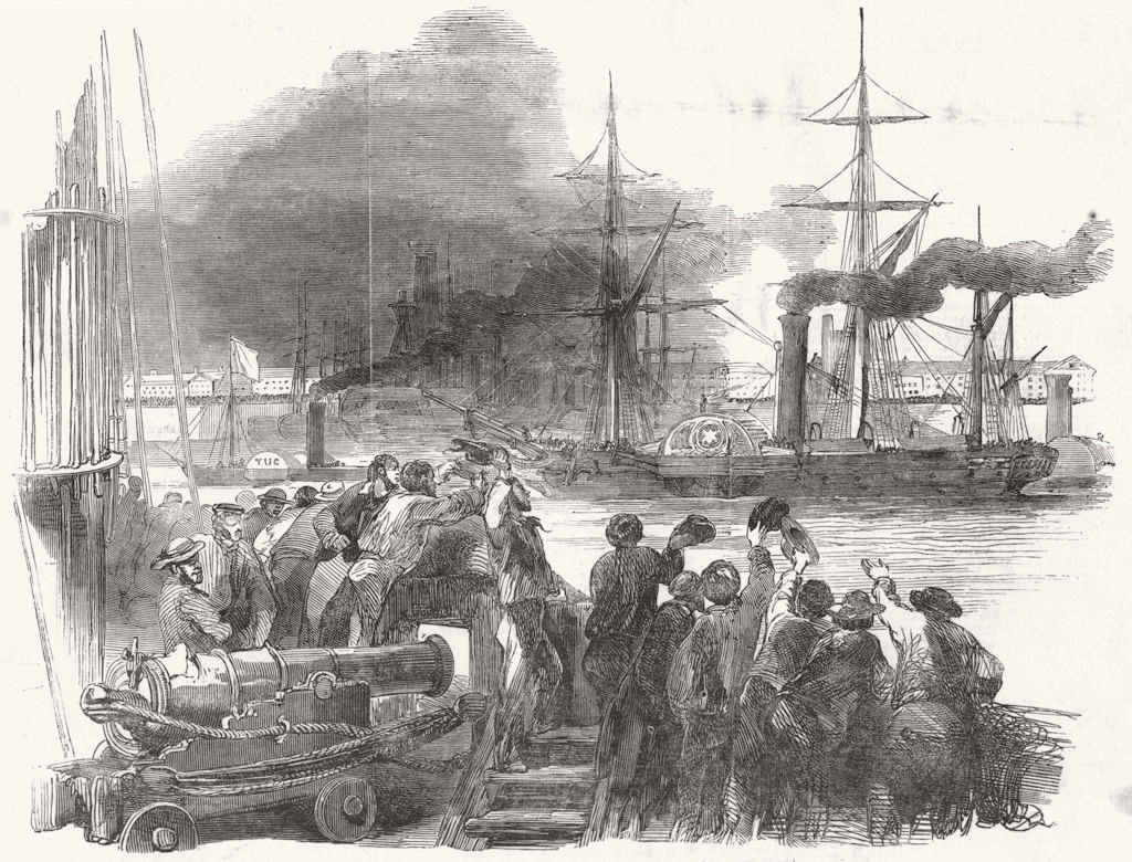 Associate Product SHIPS. Departure of the "Singapore", with Troops for the Cape, old print, 1851