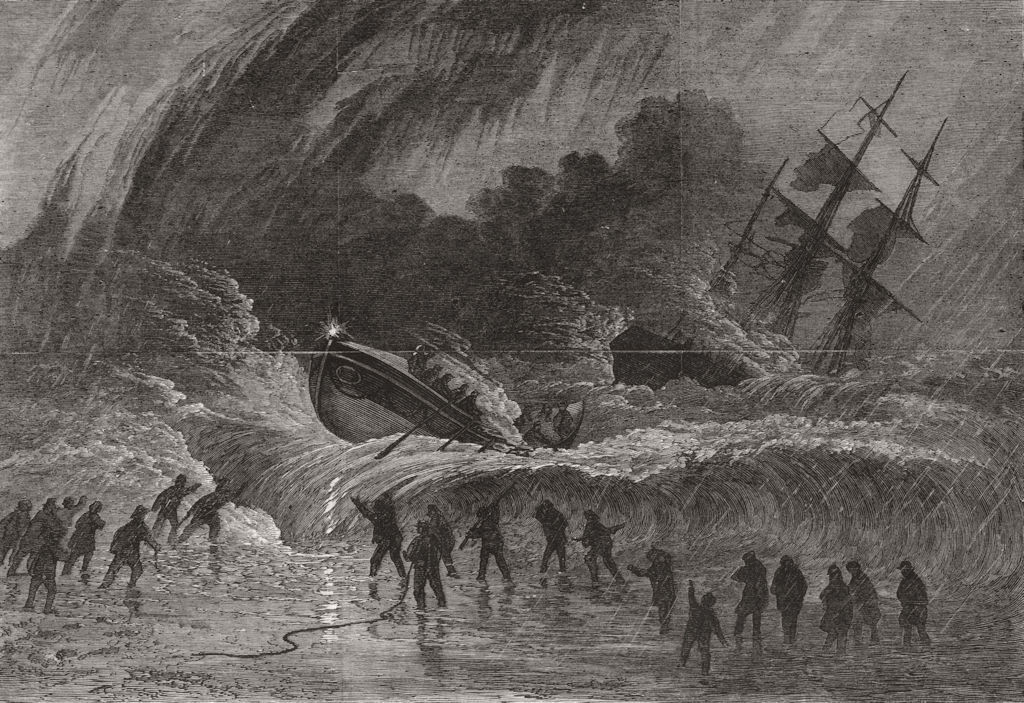 CORNWALL. Richard Lewis lifeboat landing a shipwrecked crew at Penzance, 1867