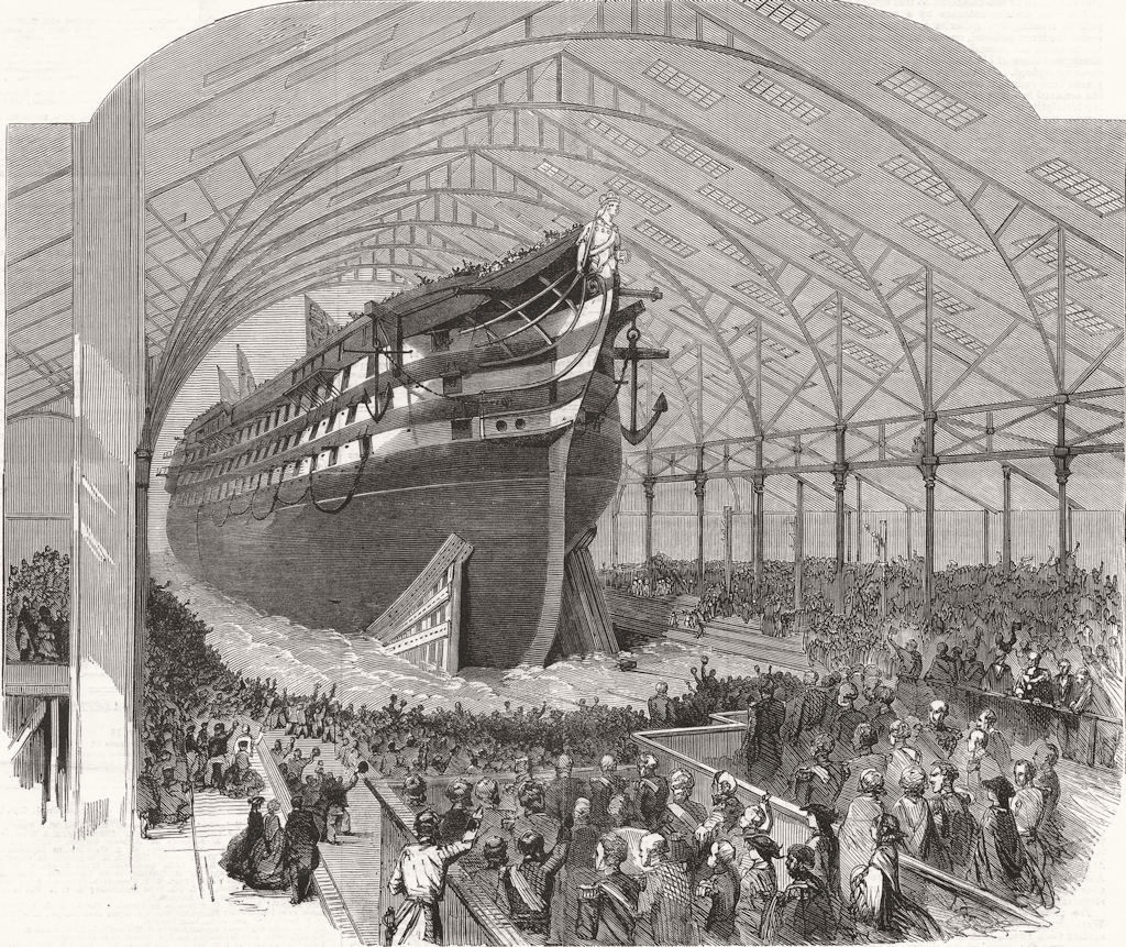 HAMPSHIRE. Launch of H M S Victoria at Portsmouth, antique print, 1859