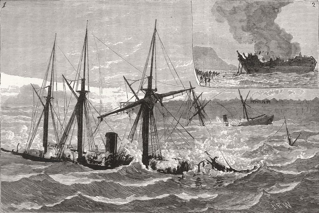 Associate Product AZORES.St Michael's; Wrecks of 3 ships in harbour; Burning Lord Northbrook, 1880