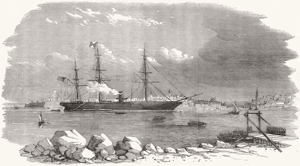 Associate Product TURKEY. The Himalaya steam-ship landing troops at Uskudar, antique print, 1854