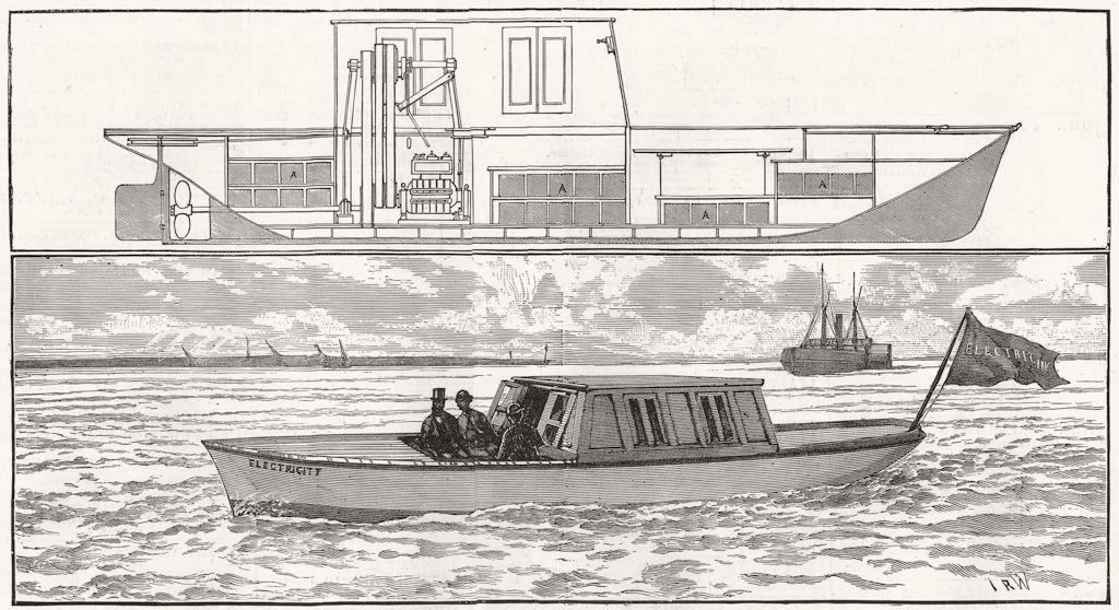 BOATS. Electric boat Thames; positions of accumulators, antique print, 1882