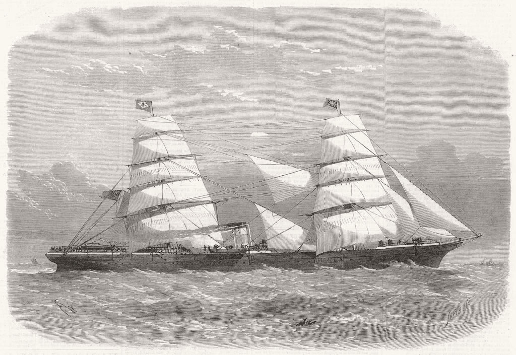 SHIPS. The Liverpool and New York packet-ship Manhattan, antique print, 1856