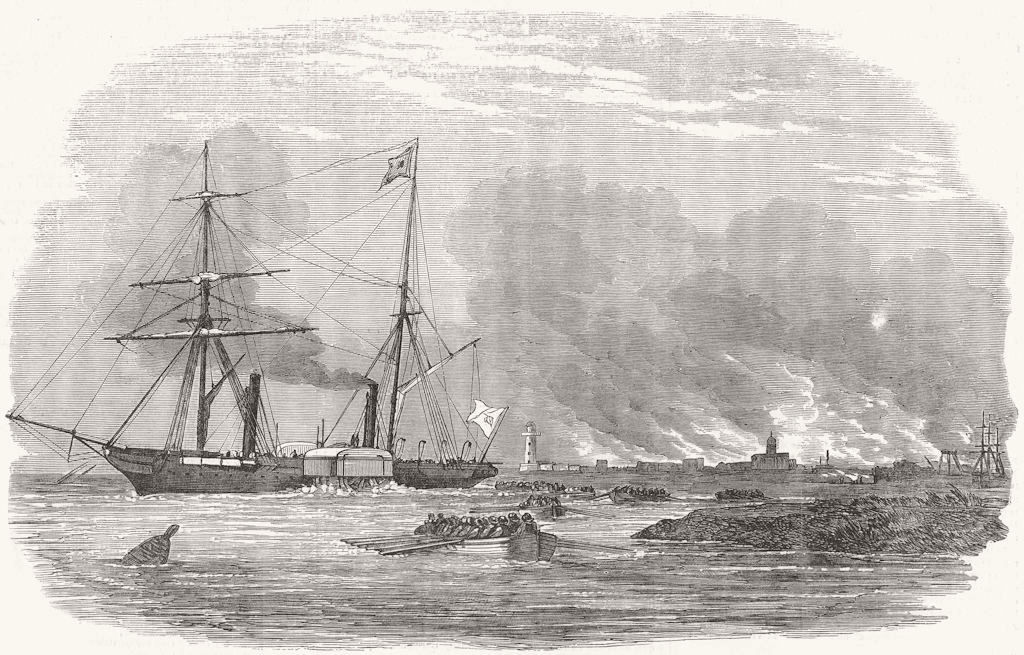 ROMANIA Boat Attack at Sulinah Danube antique print 1854 
