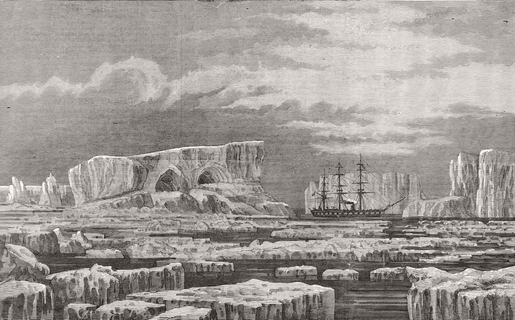 POLAR REGIONS. Among the Icebergs of the Antarctic, antique print, 1874