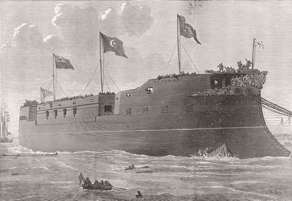 Associate Product LONDON. Launch of the Turkish Iron-clad frigate Mes Oudiyeh at Blackwall 1874