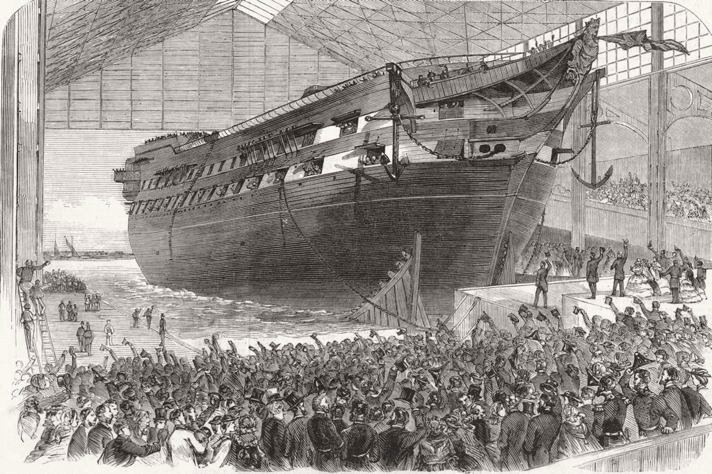 LONDON. Launch of the Edgar, the New Line-of-battle ship, at Woolwich, 1858