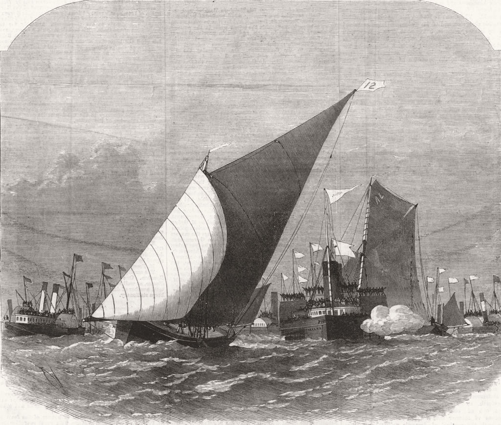 Associate Product ESSEX. Sailing-barge race on the Thames. Rounding at The Nore, old print, 1870