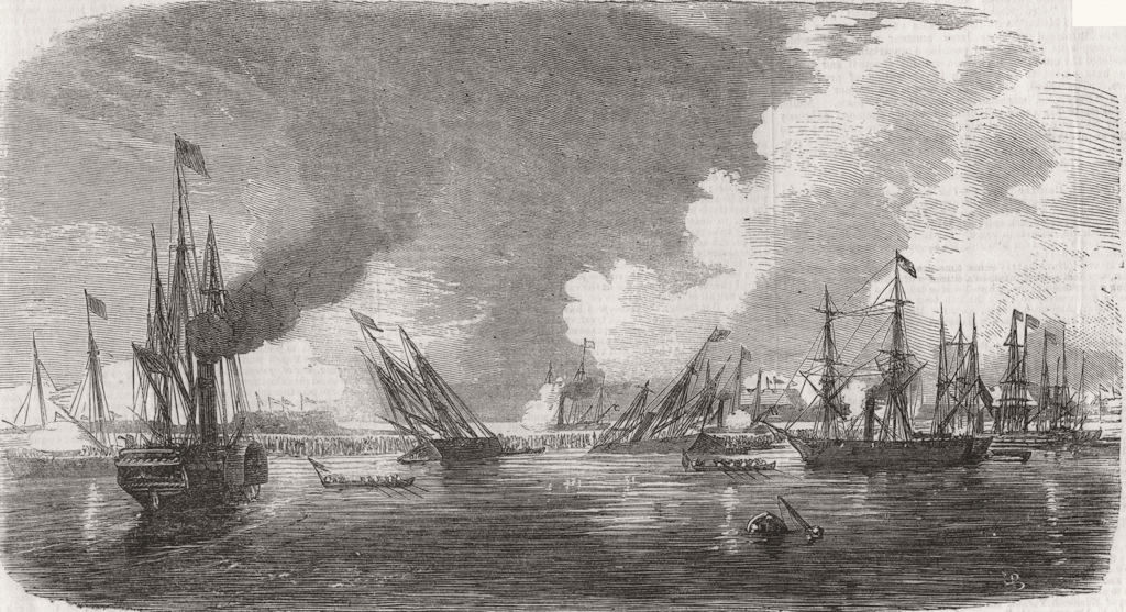 Associate Product CHINA.The Allied Squadron attempting to force the passage of the Hai River, 1859