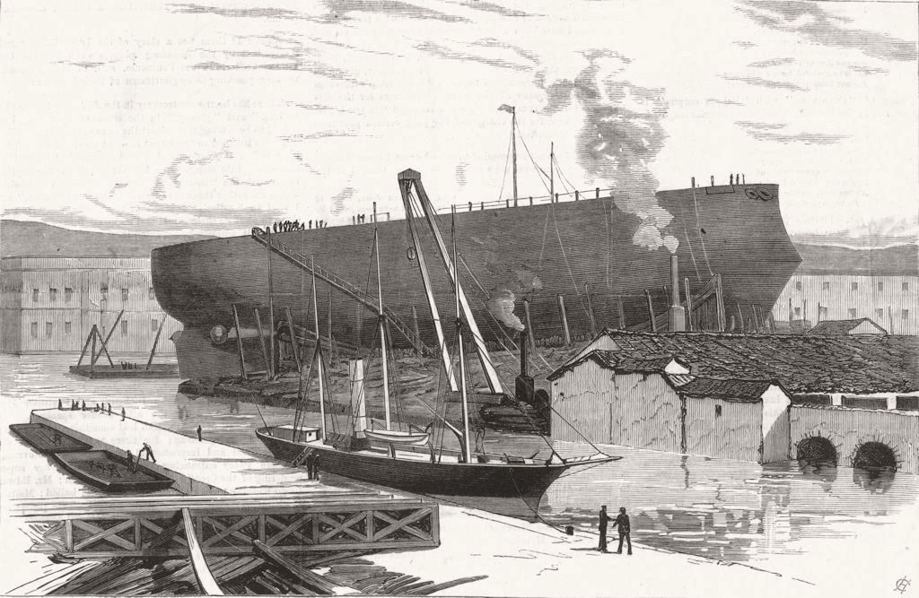 Associate Product ITALY. Great Italian Citadel-ship Lepanto, ready for Launching at Livorno, 1883