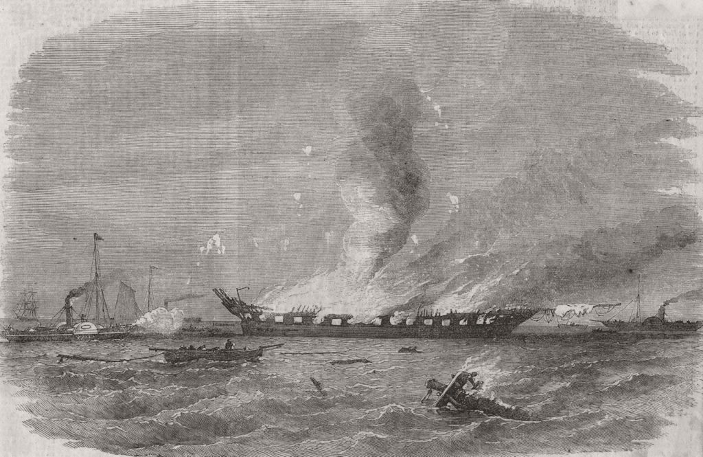 Associate Product HAMPSHIRE. Destruction of Eastern Monarch troopship, Fire Spithead, print, 1859