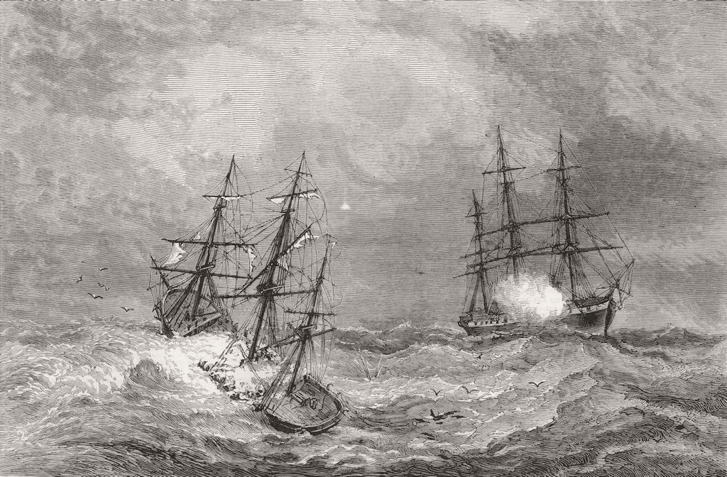 Associate Product SCILLY. HMS Immortalite firing at a water-logged Timber ship Isles, print, 1873