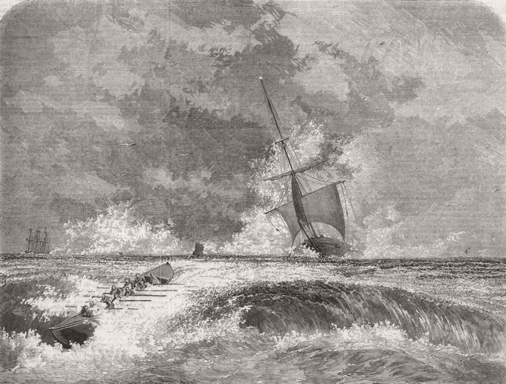 SHIPS. Among the Breakers. Rowing boat in heavy surf 1858 old antique print