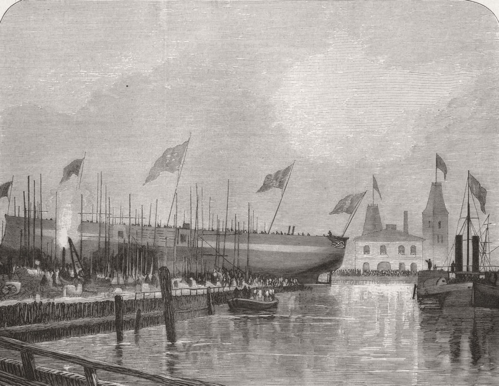 LONDON. Launch of the Fethi Bulend at Blackwall, antique print, 1870