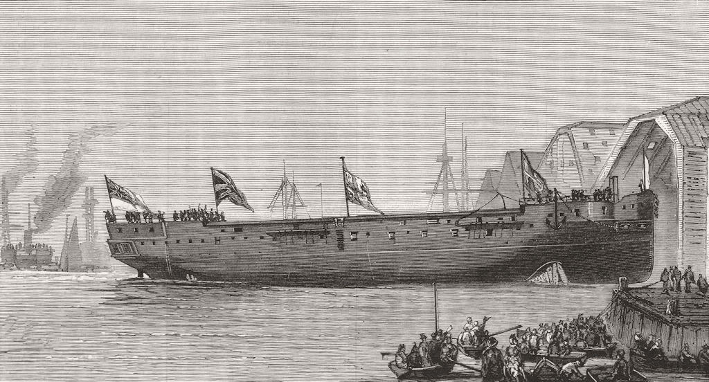 Associate Product HAMPSHIRE. The Launch of H M Steam Corvette Bacchante at Portsmouth 1876 print