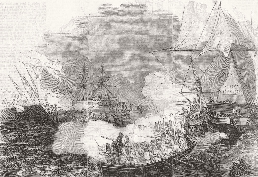 MOROCCO. Attack upon Barbary Pirates by the English ship of war, Fantome, 1846