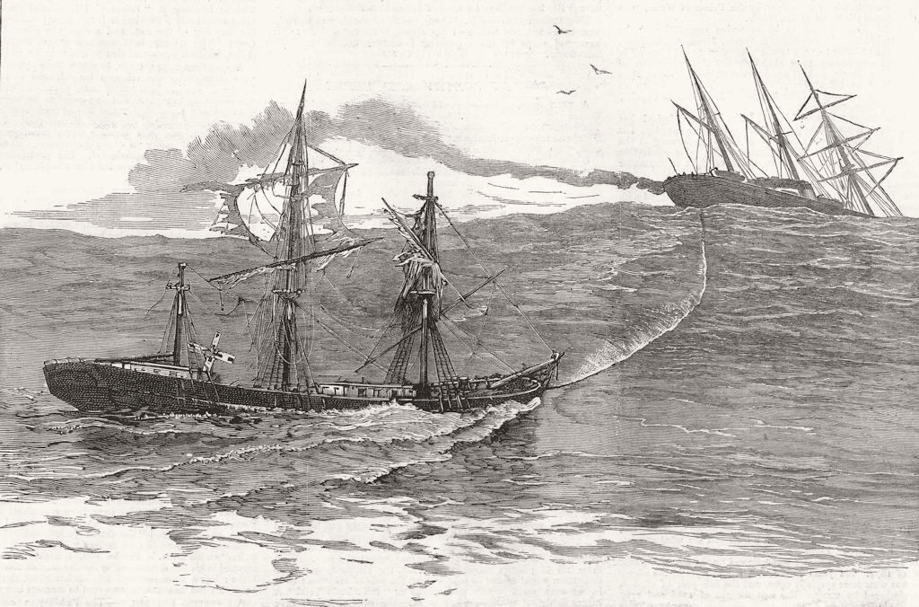 Associate Product PALMYRA.A Disaster at sea-S S towing Derelict ship Norton towards Falmouth, 1882