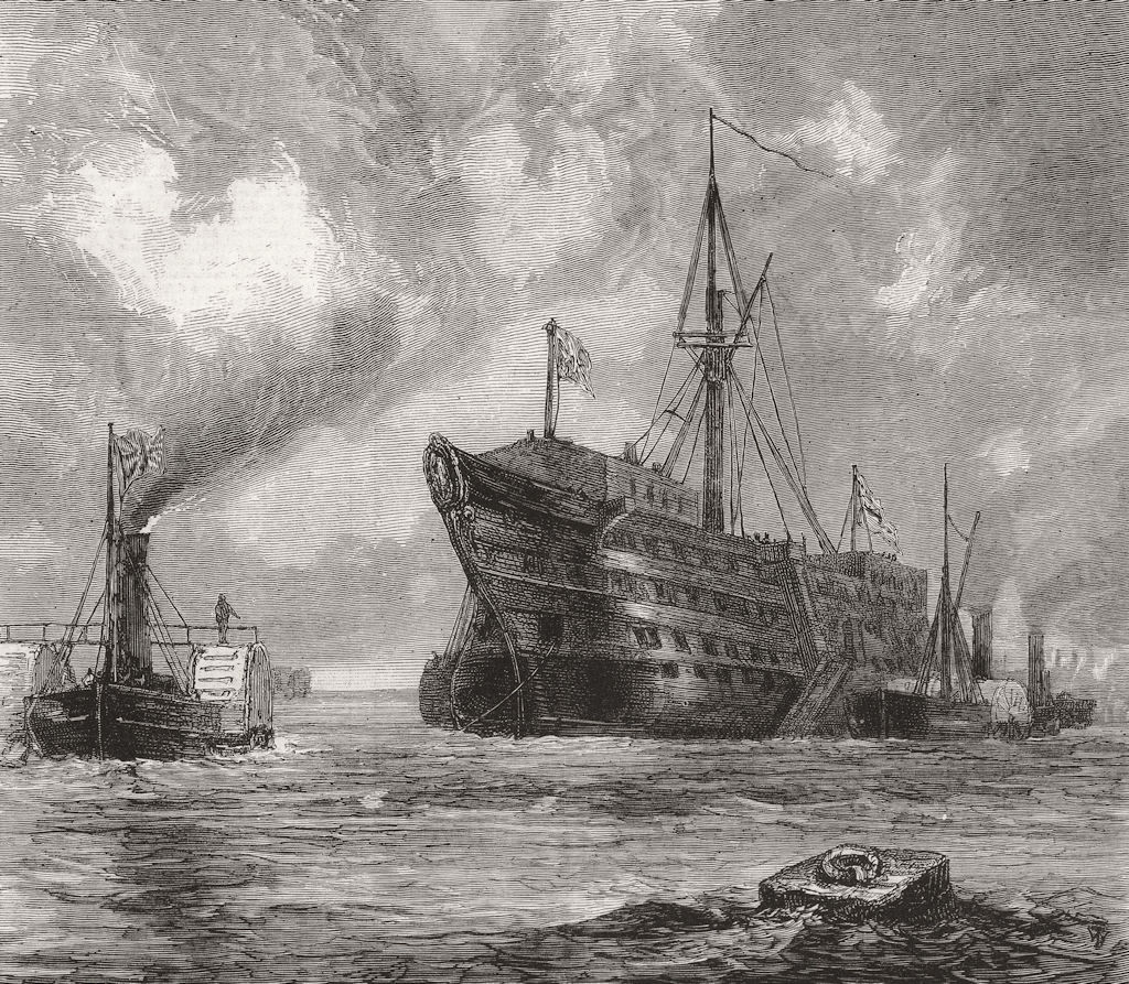 SHIPS. Towing the Dreadnought hospital ship to her last Berth 1872 old print
