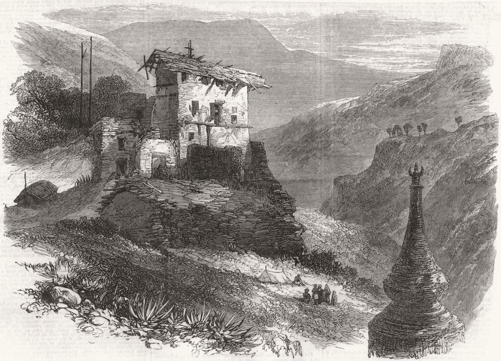 BHUTAN. The Burnt Palace of the Rajah of Saleeka, antique print, 1866