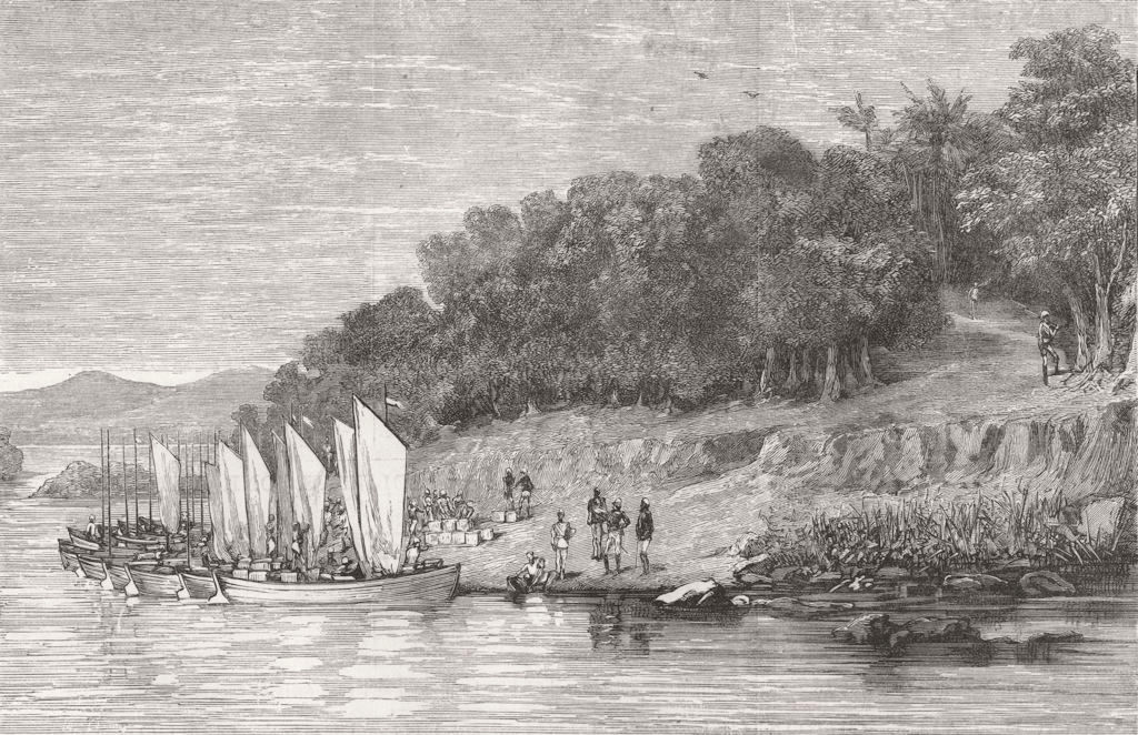 SUDAN. War. General Earle's Landing-place at Hamdab,on the Nile 1885 old print