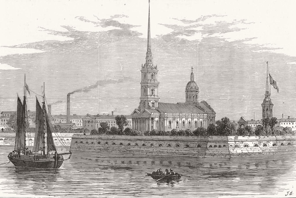 RUSSIA. Citadel Church, St Petersburg, Emperor's body lay in state, print, 1881