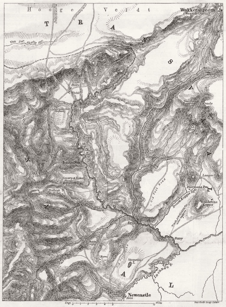 TRANSVAAL. Map border between Newcastle, Laing's Nek & Wakkerstroom, 1881
