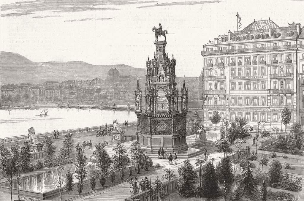 Associate Product SWITZERLAND. Monument to Duke Brunswick, built at Geneva, antique print, 1879