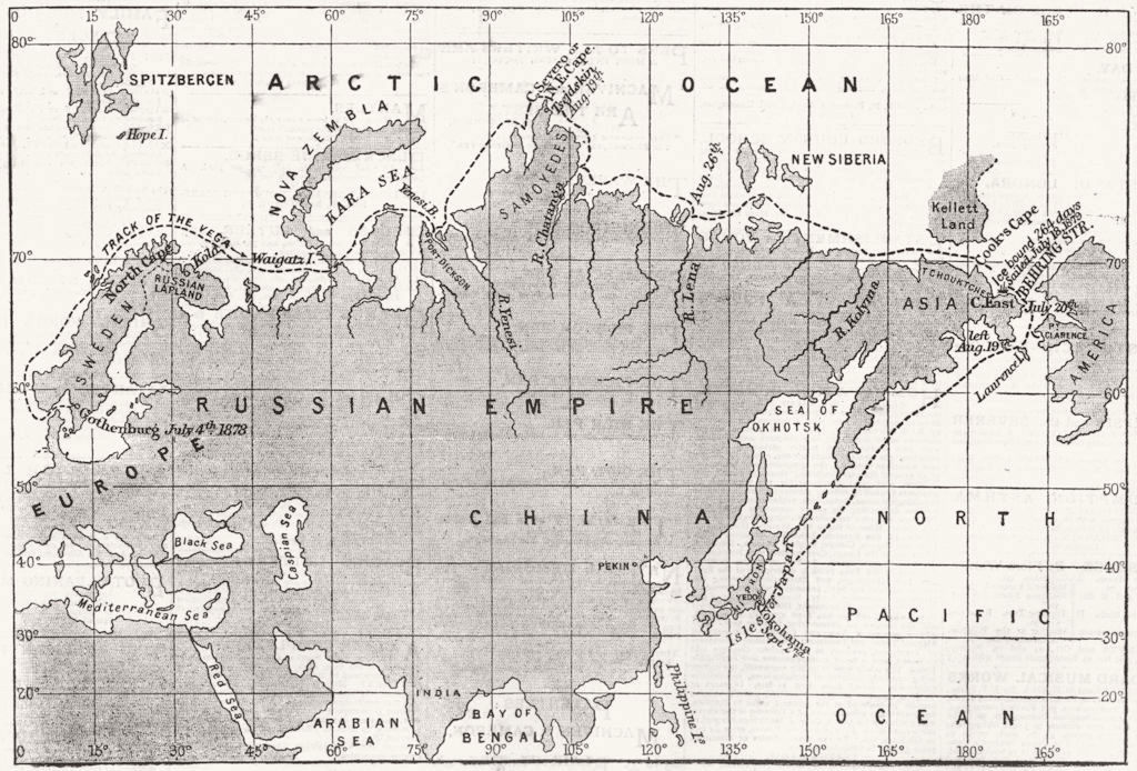 ARCTIC. North-east passage-map route Nordenskjold expedition, 1879