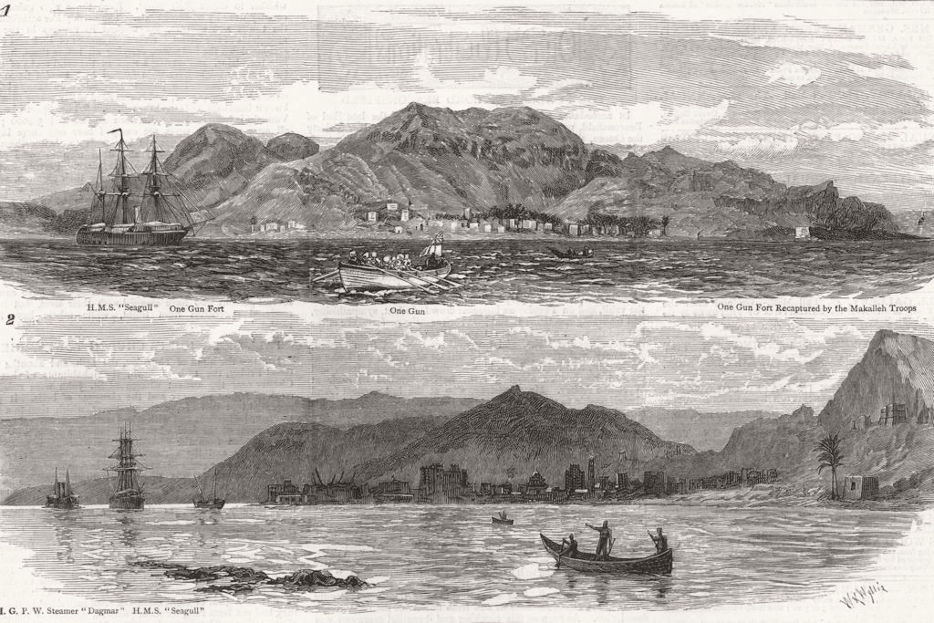 YEMEN.Al Mukalla, House of Nakeeb; HMS Seagull Bandar Burum, Jemadar Shehr, 1881