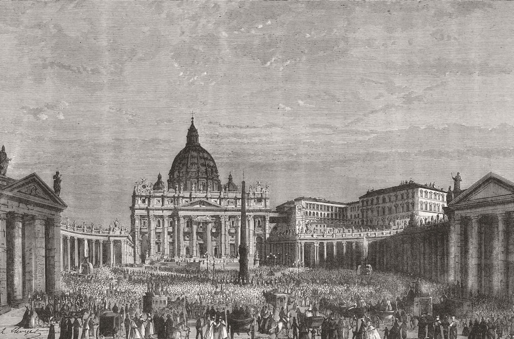 ROME. The Piazza of St Peter during the Great Benediction, antique print, 1878