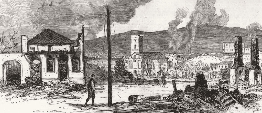 Associate Product SERBIA. Knjazevac (Gurgussovatz) burnt Turks post battle, antique print, 1876