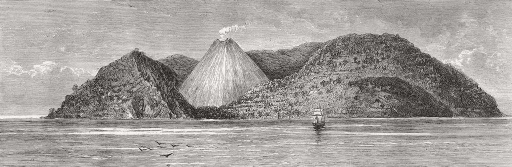 INDIA. A Tropical Volcano-Barren Island, Bay of Bengal, antique print, 1881