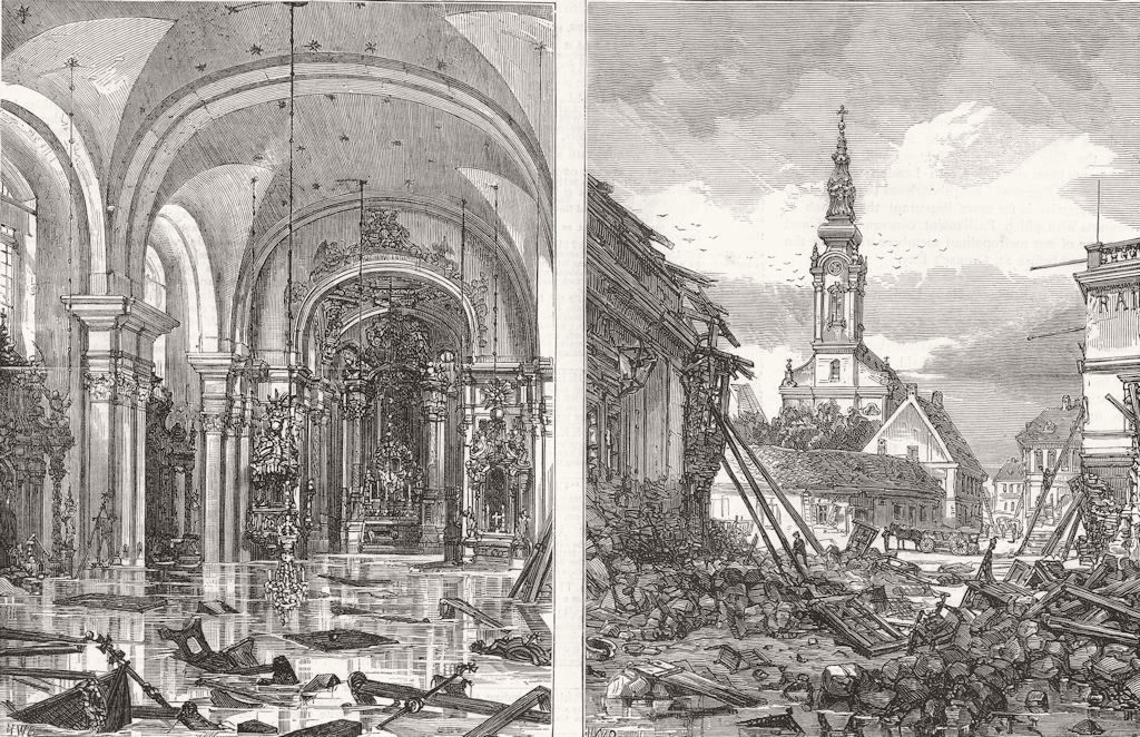 FLOODS IN BUDAPEST. Neustift Church,Buda;Raitzenbad-Fireman troops working, 1875