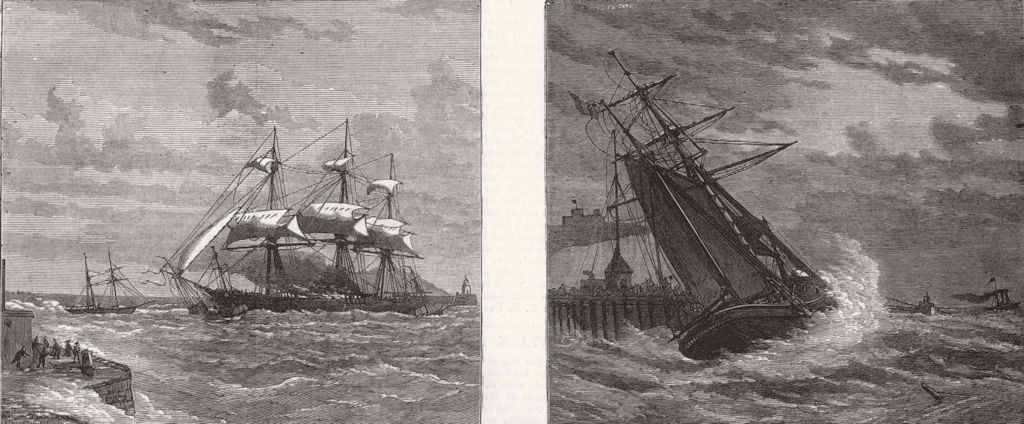 Associate Product IRELAND.Ship ablaze in Dún Laoghaire Harbour; Wreck of a Schooner at Dover, 1873