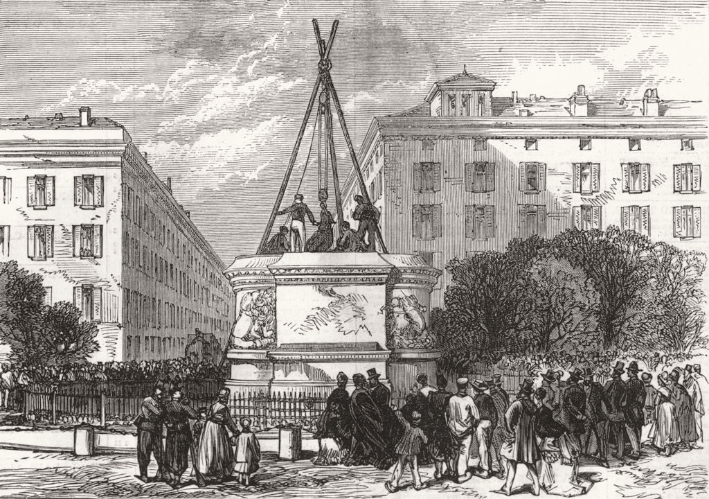FRANCE. Removing the Statue of Napoleon I at Lyons, antique print, 1870