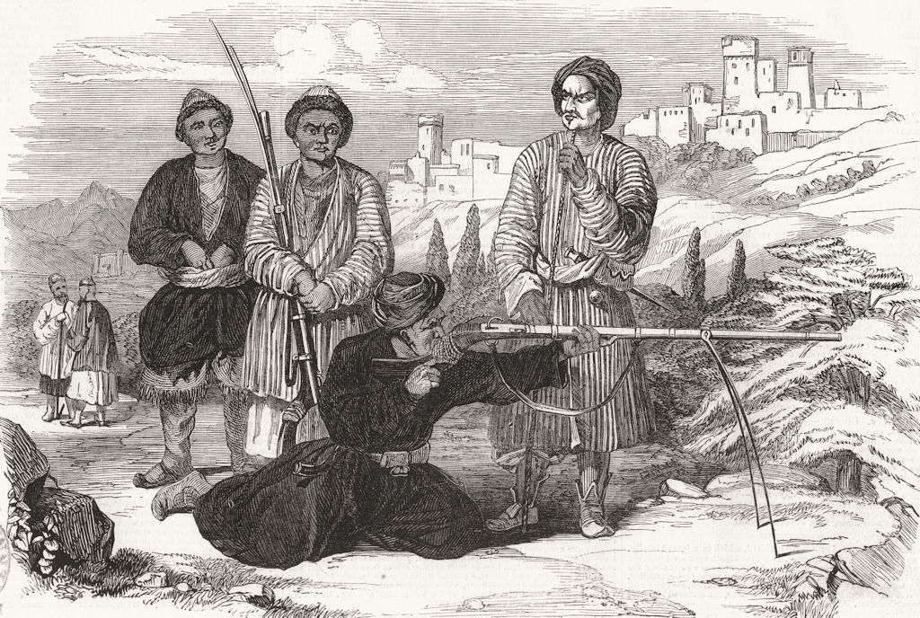 PAKISTAN. Huzzarehs firing with Juzafels 1849 old antique print picture